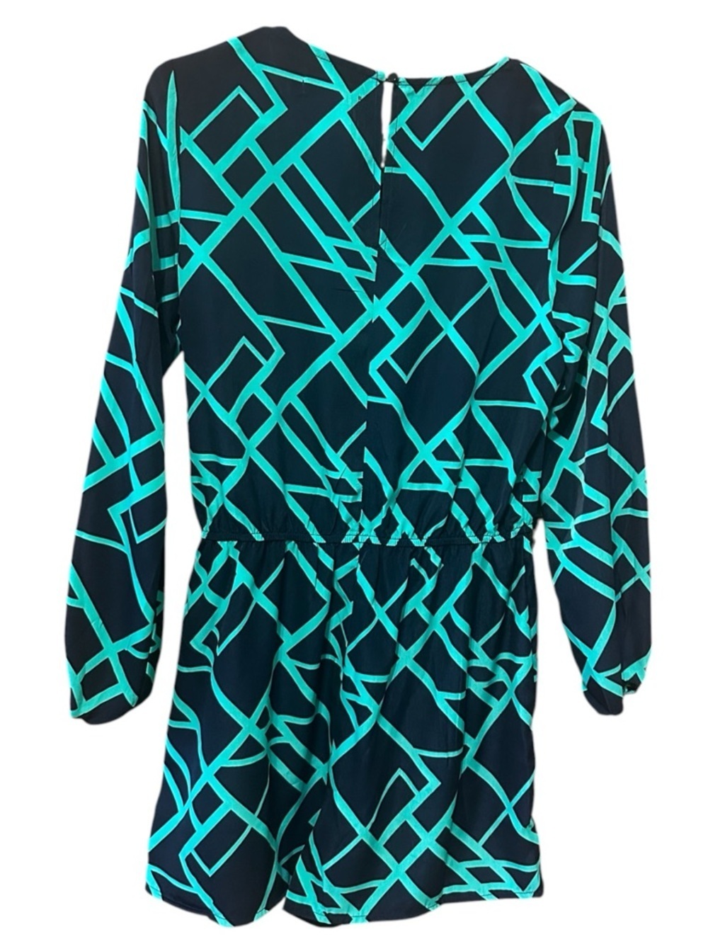 JustFab Romper Small Navy Green Geometric Faux Wrap Long Sleeve NWT - Picture 9 of 12